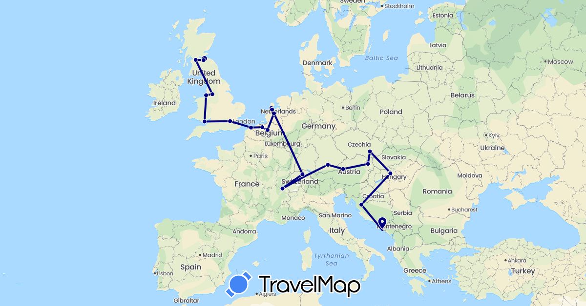TravelMap itinerary: driving in Austria, Belgium, Switzerland, Czech Republic, Germany, France, United Kingdom, Croatia, Hungary, Netherlands (Europe)